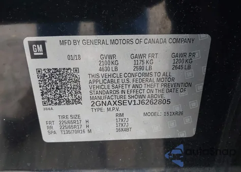 2018 Chevrolet Equinox Lt from USA, damaged, VIN 2GNAXSEV1J6262805